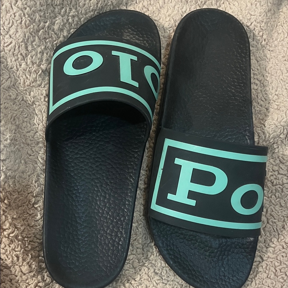 Polo Black and Teal Slides Ralph Lauren size 13 sandals shoes